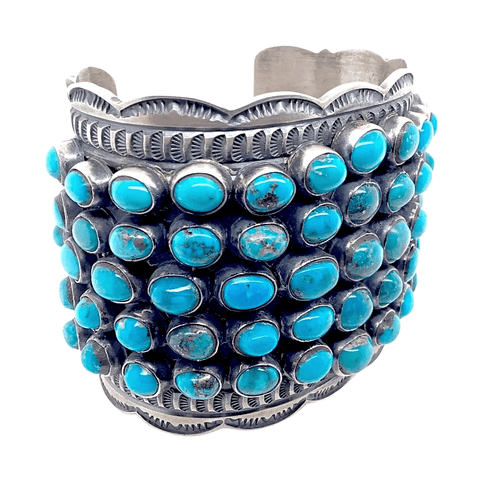 Image of Native American Bracelet - Navajo Cobblestone Row Turquoise And Silver Cuff Bracelet - A. Cadman