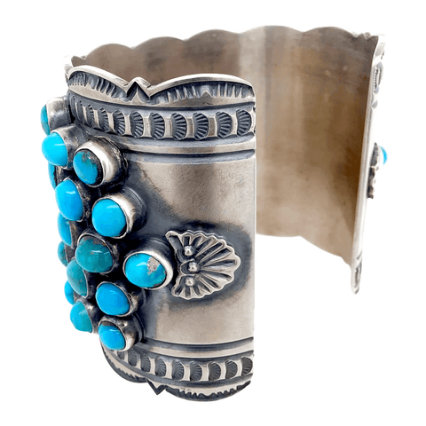 Image of Native American Bracelet - Navajo Cobblestone Row Turquoise And Silver Cuff Bracelet - A. Cadman