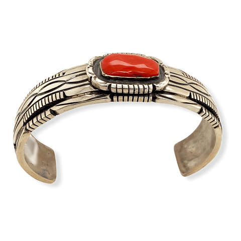 Image of Native American Bracelet - Navajo Coral And Sterling Silver Detailed Bracelet - Charles Johnson