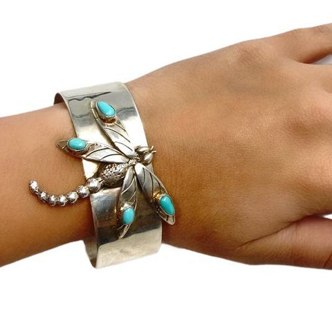 Image of Native American Bracelet - Navajo Dragonfly Sleeping Beauty Turquoise Cuff Bracelet - Native American