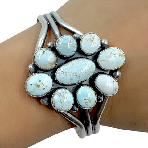 Image of Native American Bracelet - Navajo Dry Creek Turquoise Cluster Sterling Silver Cuff Bracelet - Mary Ann Spencer - Native American