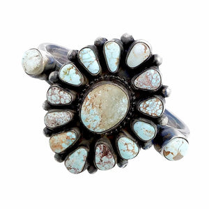 Native American Bracelet - Navajo Dry Creek Turquoise Cluster Thin Stamped Sterling Silver Cuff Bracelet - Bobby Johnson - Native American