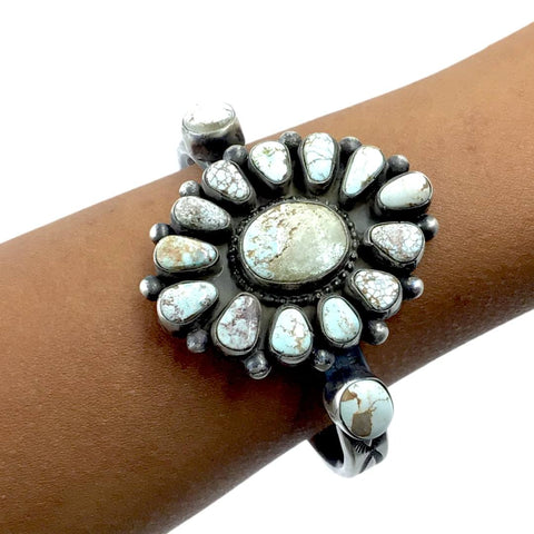 Image of Native American Bracelet - Navajo Dry Creek Turquoise Cluster Thin Stamped Sterling Silver Cuff Bracelet - Bobby Johnson - Native American