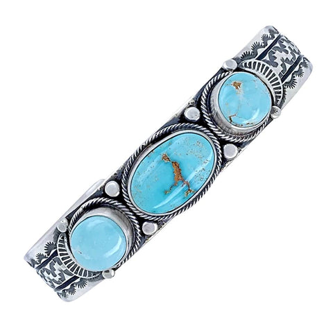 Image of Native American Bracelet - Navajo Dry Creek Turquoise Hand-Stamped Sterling Silver Cuff Bracelet  - Native American