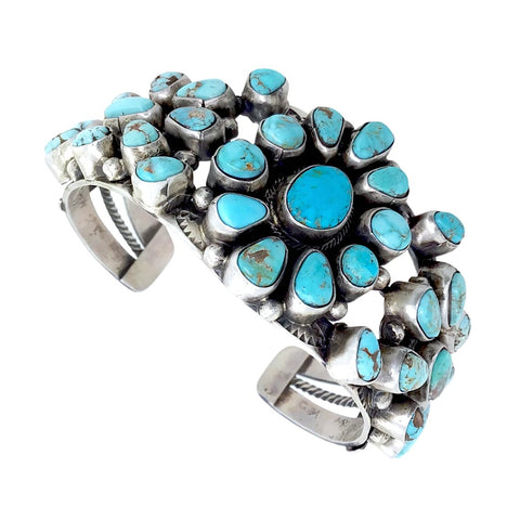 Image of Native American Bracelet - Navajo Dry Creek Turquoise Triple Cluster Stamped Sterling Silver  Cuff Bracelet - Bobby Johnson - Native American