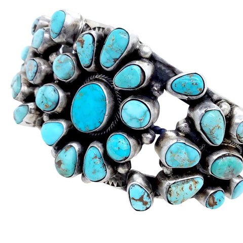 Image of Native American Bracelet - Navajo Dry Creek Turquoise Triple Cluster Stamped Sterling Silver  Cuff Bracelet - Bobby Johnson - Native American