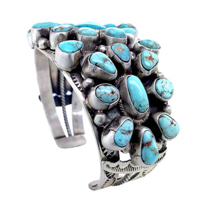 Native American Bracelet - Navajo Dry Creek Turquoise Triple Cluster Stamped Sterling Silver  Cuff Bracelet - Bobby Johnson - Native American