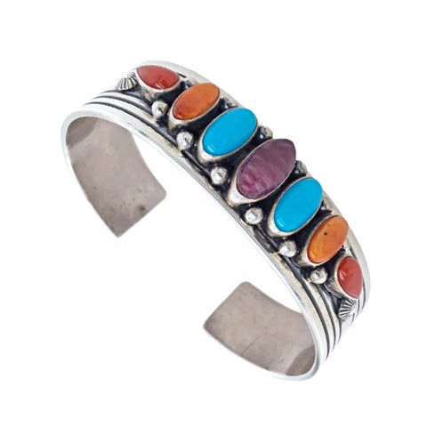 Image of Native American Bracelet - Navajo Exquisite Multi-stone Turquoise, Spiny Oyster, & Coral Sterling Silver Cuff Bracelet - Ray Bennet - Native Americant