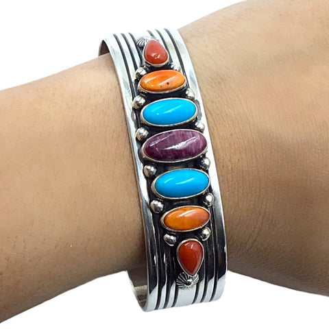 Image of Native American Bracelet - Navajo Exquisite Multi-stone Turquoise, Spiny Oyster, & Coral Sterling Silver Cuff Bracelet - Ray Bennet - Native Americant