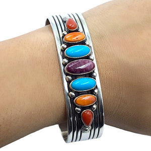 Native American Bracelet - Navajo Exquisite Multi-stone Turquoise, Spiny Oyster, & Coral Sterling Silver Cuff Bracelet - Ray Bennet - Native Americant