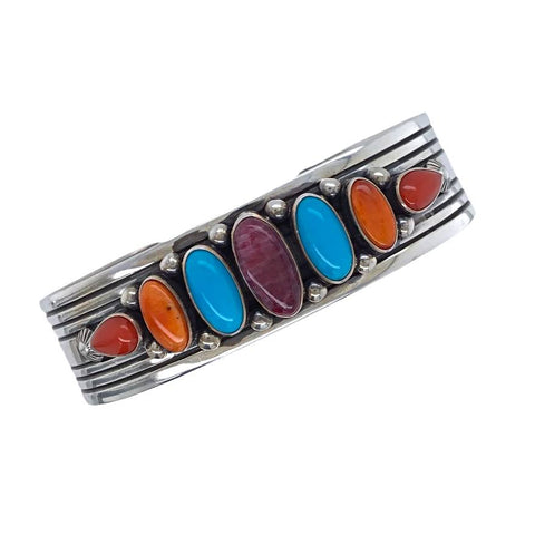 Image of Native American Bracelet - Navajo Exquisite Multi-stone Turquoise, Spiny Oyster, & Coral Sterling Silver Cuff Bracelet - Ray Bennet - Native Americant