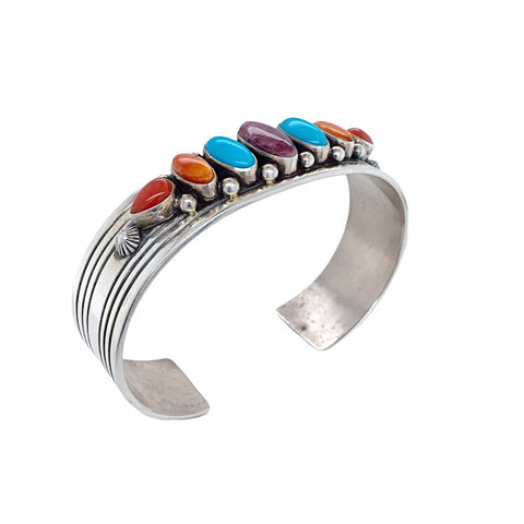 Image of Native American Bracelet - Navajo Exquisite Multi-stone Turquoise, Spiny Oyster, & Coral Sterling Silver Cuff Bracelet - Ray Bennet - Native Americant