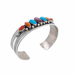 Native American Bracelet - Navajo Exquisite Multi-stone Turquoise, Spiny Oyster, & Coral Sterling Silver Cuff Bracelet - Ray Bennet - Native Americant