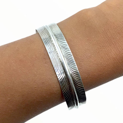 Image of Native American Bracelet - Navajo Feather Sterling Silver Cuff Bracelet - Native American