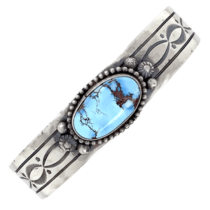 Native American Bracelet - Navajo Fine Hand-Stamped Golden Hills Turquoise Sterling Silver Bracelet - Shelia Tso