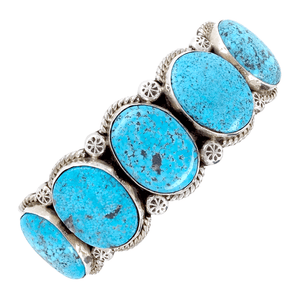Native American Bracelet - Navajo Hand -Stamped Kingman Turquoise 5-Stone Row Sterling Silver Bracelet - Mary Ann Spencer