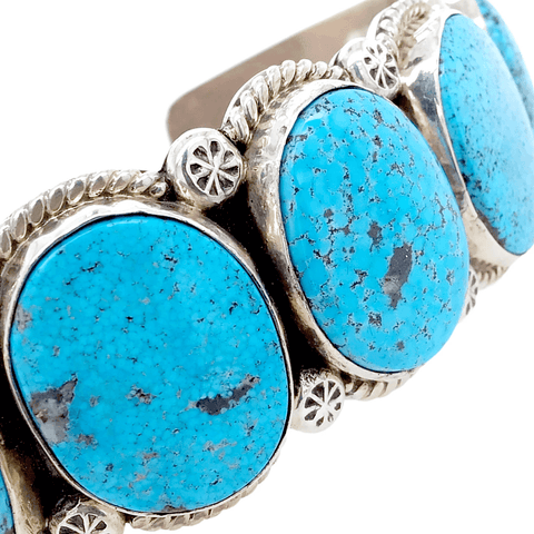 Image of Native American Bracelet - Navajo Hand -Stamped Kingman Turquoise 5-Stone Row Sterling Silver Bracelet - Mary Ann Spencer
