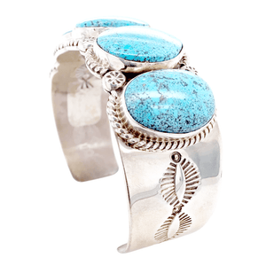 Native American Bracelet - Navajo Hand -Stamped Kingman Turquoise 5-Stone Row Sterling Silver Bracelet - Mary Ann Spencer