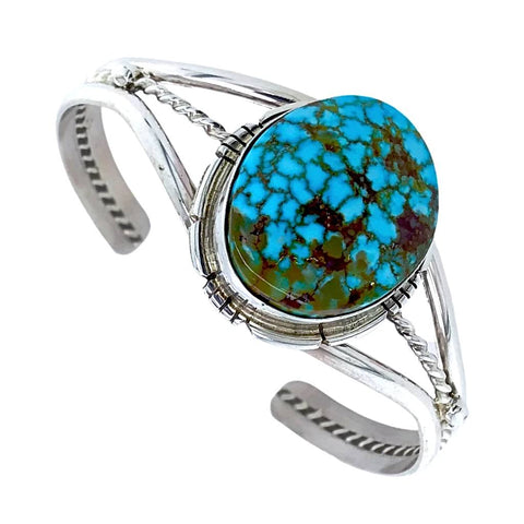 Image of Native American Bracelet - Navajo Kingman Spiderweb Turquoise Bracelet With Silver Twist Wire- Samson Edsitty - Native American