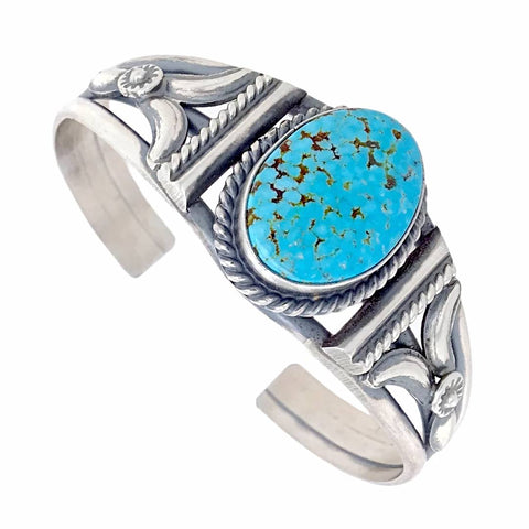 Image of Native American Bracelet - Navajo Kingman Spiderweb Turquoise Oval Sterling Silver Cuff Bracelet - Mary Ann Spencer - Native American