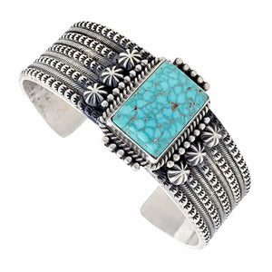 Native American Bracelet - Navajo Kingman Spiderweb Turquoise Rectangle Stamped Sterling Silver Cuff Bracelet - Mike Calladitto - Native American