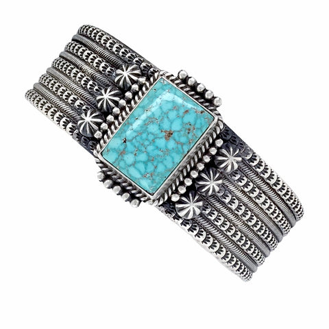 Image of Native American Bracelet - Navajo Kingman Spiderweb Turquoise Rectangle Stamped Sterling Silver Cuff Bracelet - Mike Calladitto - Native American