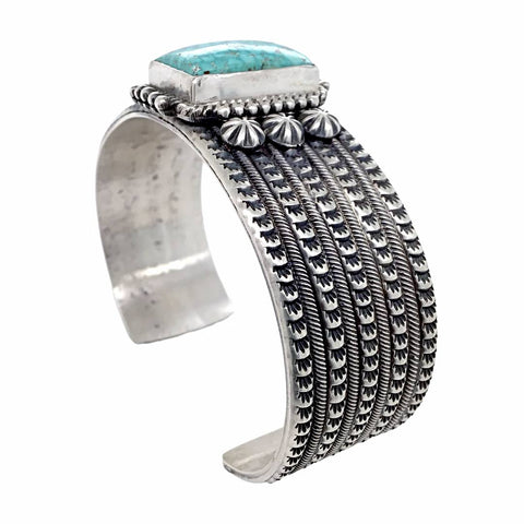Image of Native American Bracelet - Navajo Kingman Spiderweb Turquoise Rectangle Stamped Sterling Silver Cuff Bracelet - Mike Calladitto - Native American