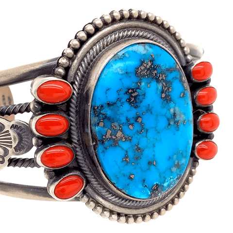 Image of Native American Bracelet - Navajo Kingman Turquoise And Red Coral Sterling Silver Bracelet - Mike Calladitto