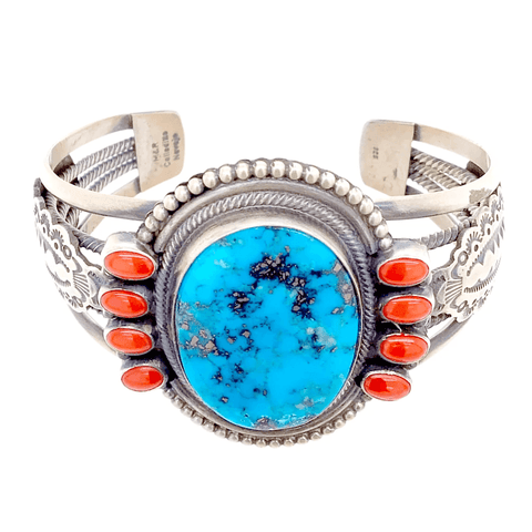 Image of Native American Bracelet - Navajo Kingman Turquoise And Red Coral Sterling Silver Bracelet - Mike Calladitto