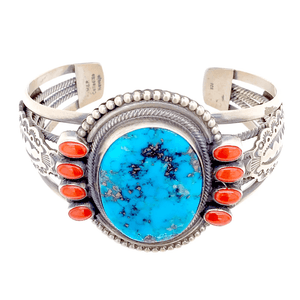 Native American Bracelet - Navajo Kingman Turquoise And Red Coral Sterling Silver Bracelet - Mike Calladitto