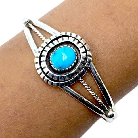 Image of Native American Bracelet - Navajo Kingman Turquoise Double Stacked Sterling Silver Cuff Bracelet - Native American