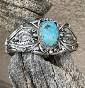 Native American Bracelet - Navajo Kingman Turquoise Embellished Sterling Silver Cuff Bracelet - Mark Yazzie - Native American