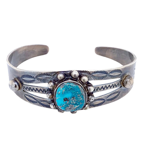 Image of Native American Bracelet - Navajo Kingman Turquoise Hand-Stamped Sterling Silver Bracelet - B. Johnson