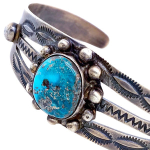 Native American Bracelet - Navajo Kingman Turquoise Hand-Stamped Sterling Silver Bracelet - B. Johnson