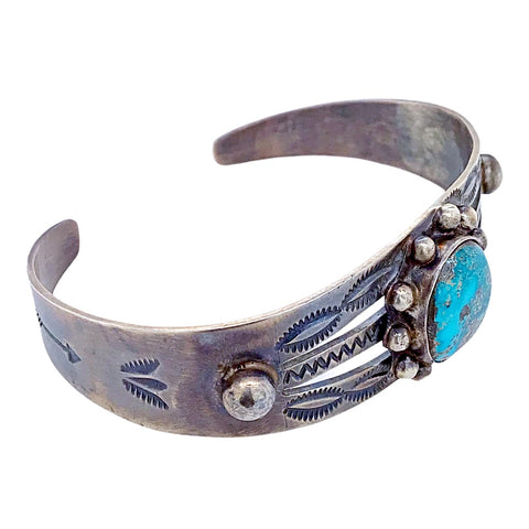 Image of Native American Bracelet - Navajo Kingman Turquoise Hand-Stamped Sterling Silver Bracelet - B. Johnson