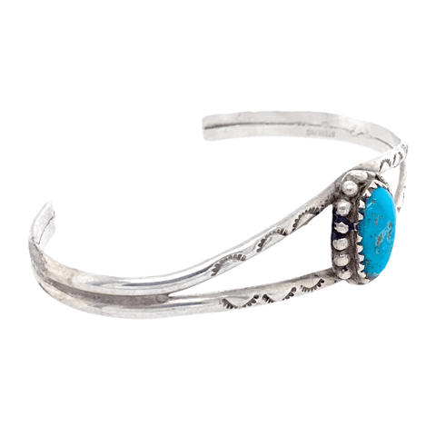 Image of Native American Bracelet - Navajo Kingman Turquoise In Floral Silver Setting Bracelet