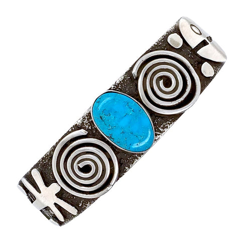 Image of Native American Bracelet - Navajo Kingman Turquoise Petroglyph Cuff Bracelet - Alex Sanchez
