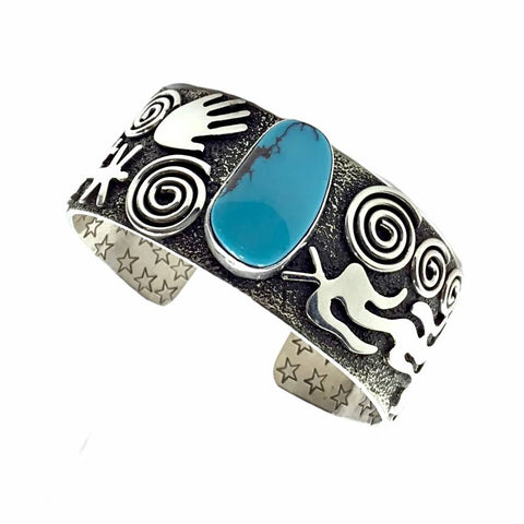 Image of Native American Bracelet - Navajo Kingman Turquoise Petroglyph Sterling Silver Stamped Cuff Bracelet - Alex Sanchez - Native American