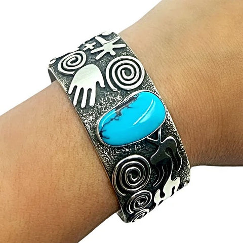 Image of Native American Bracelet - Navajo Kingman Turquoise Petroglyph Sterling Silver Stamped Cuff Bracelet - Alex Sanchez - Native American