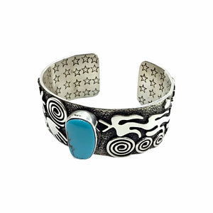 Native American Bracelet - Navajo Kingman Turquoise Petroglyph Sterling Silver Stamped Cuff Bracelet - Alex Sanchez - Native American