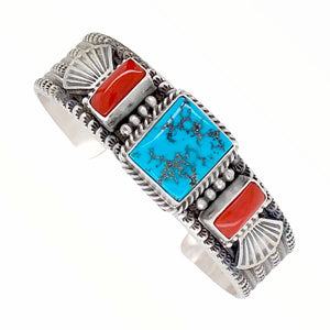 Native American Bracelet - Navajo Kingman Turquoise & Red Coral Stamped Sterling Silver Cuff Bracelet - Mike Calladitto - Native American
