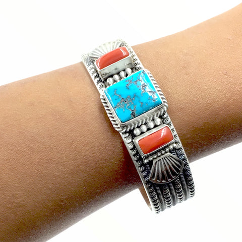 Image of Native American Bracelet - Navajo Kingman Turquoise & Red Coral Stamped Sterling Silver Cuff Bracelet - Mike Calladitto - Native American