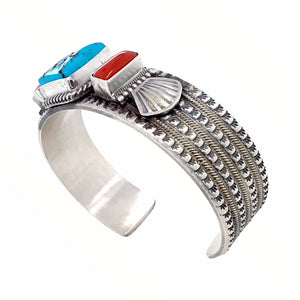 Native American Bracelet - Navajo Kingman Turquoise & Red Coral Stamped Sterling Silver Cuff Bracelet - Mike Calladitto - Native American