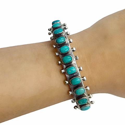 Image of Native American Bracelet - Navajo Kingman Turquoise Row Sterling Silver Cuff Bracelet - Bobby Johnson - Native American