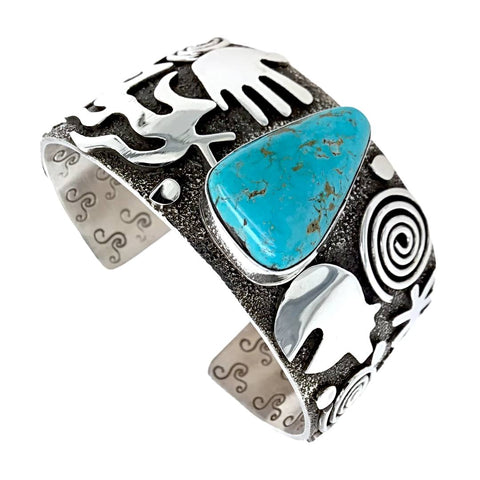 Image of Native American Bracelet - Navajo Kingman Turquoise Triangle Petroglyph Sterling Silver Stamped Cuff Bracelet - Alex Sanchez - Native American