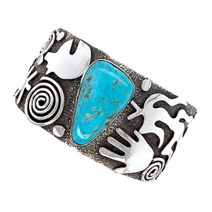 Native American Bracelet - Navajo Kingman Turquoise Triangle Petroglyph Sterling Silver Stamped Cuff Bracelet - Alex Sanchez - Native American