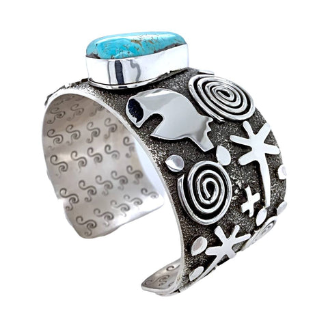 Image of Native American Bracelet - Navajo Kingman Turquoise Triangle Petroglyph Sterling Silver Stamped Cuff Bracelet - Alex Sanchez - Native American