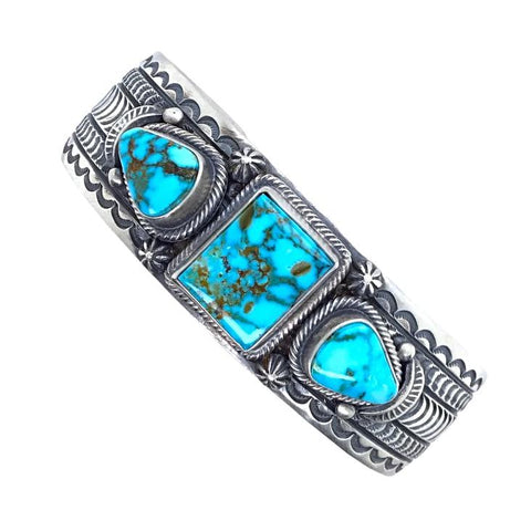 Image of Native American Bracelet - Navajo Kingman Turquoise Triple Stone Stamped Sterling Silver Cuff Bracelet - June Defarito - Native American