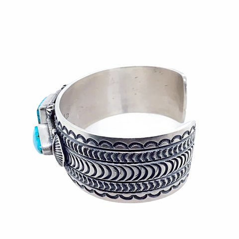 Image of Native American Bracelet - Navajo Kingman Turquoise Triple Stone Stamped Sterling Silver Cuff Bracelet - June Defarito - Native American