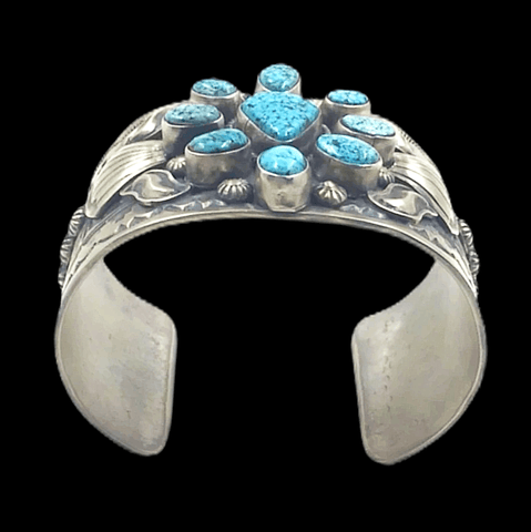 Image of sold Navajo Kingman Turquoise Cluster Wide Hand-Stamped B.racelet - Native American